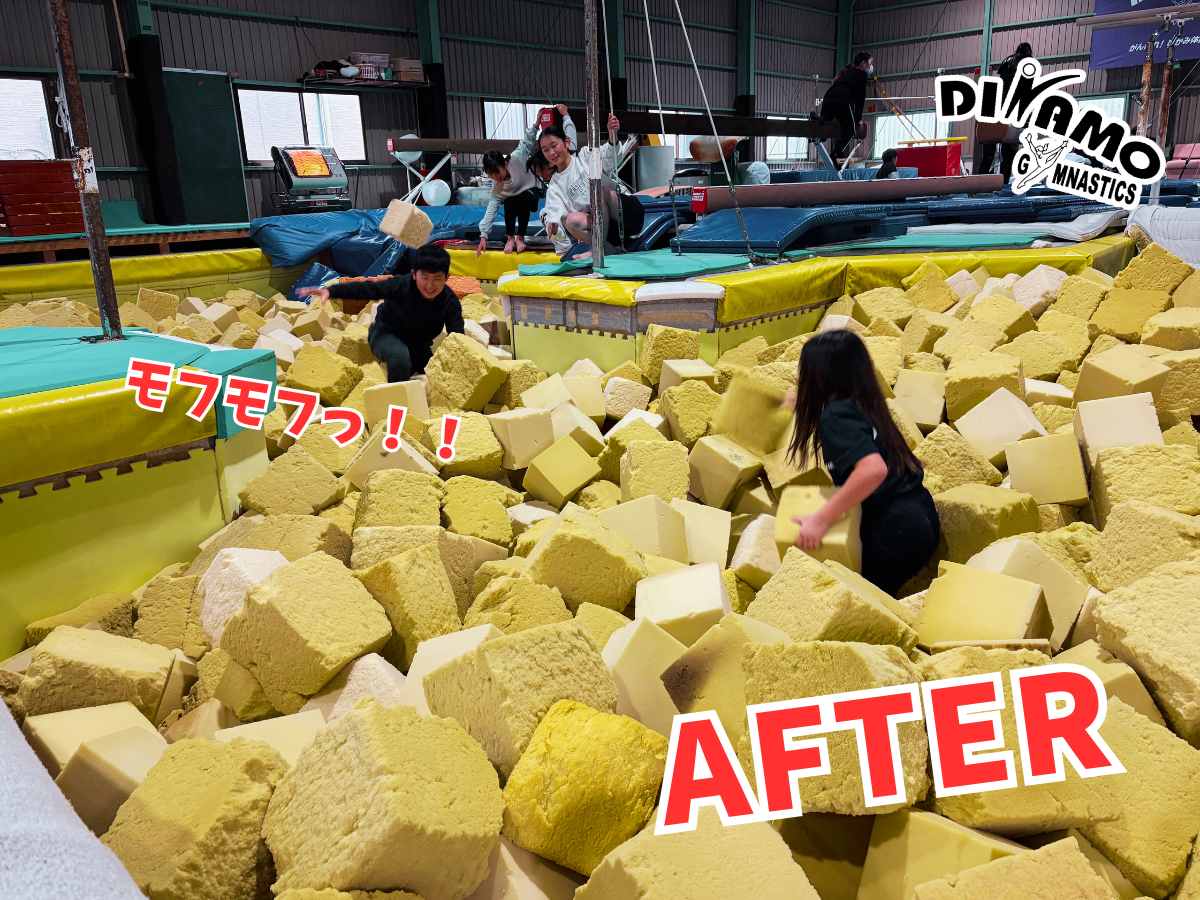 丹波市のディナモ氷上校。大掃除でスポンジプール（ピット）に黄色いブロックが戻された「AFTER」写真。「モフモフっ！！」のテロップがあり、子どもたちがフカフカのスポンジの中で楽しそうに遊んでいる。